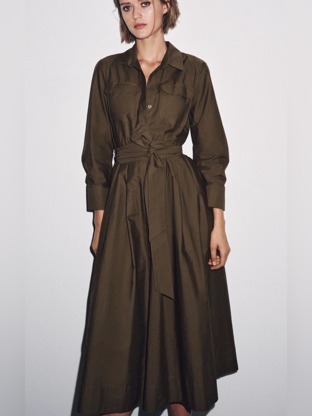 Zara Poplin Shirt Dress Midi Brown Lagenlook V-Neckline Long Sleeves Deep Brown